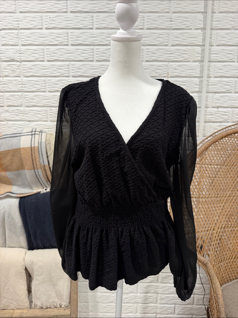 Maurices Black V-Neck Peplum Long-Sleeve Blouse